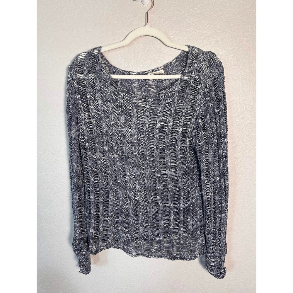 Eileen Fisher Lagenlook Cotton Blend Open Knit Drop Stitch Sweater Blue Gray M